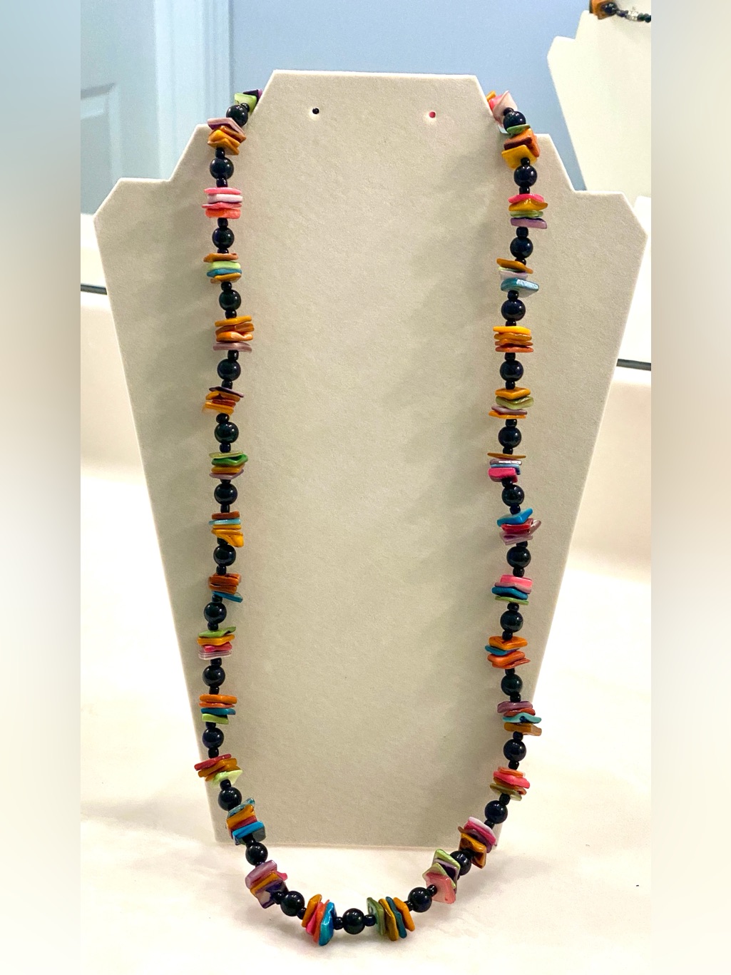 Black Bead Necklace With Multicolor Stone Chip Accents